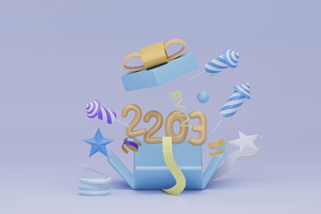 新年快樂 黃色數字標誌 2023 年 聖誕快樂 慶祝開放禮物盒 3D 渲染