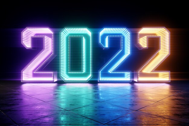 Photo happy new years, neon numbers 2022 shine brightly. festive ultraviolet background, merry christmas. winter holiday, template, greeting card. 3d render, 3d illustration.