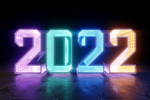 Foto buon anno, i numeri al neon 2022 brillano luminosi. fondo ultravioletto festivo, buon natale. vacanze invernali, modello, biglietto di auguri. rendering 3d, illustrazione 3d.