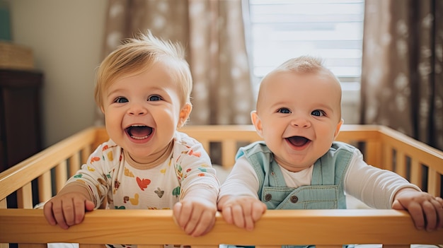 Photo happy newborn twins in crib