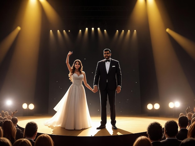 Happy newlywed couple dancing together in festive hall