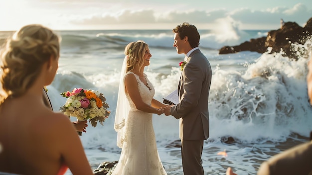 写真 海辺で海を背景に立つ幸せな新婚夫婦が手をつないで愛し合って互いに見つめている
