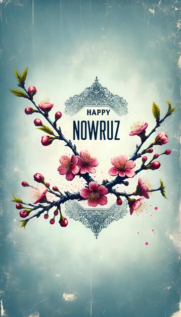 Happy nowruz card illustration in vintage style with a branch of a blossoming tree