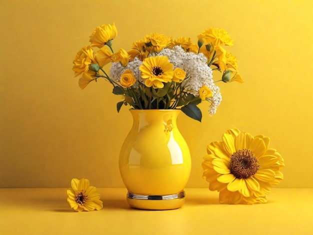 Happy Nowruz een gele achtergrond met een spiegel en een vaas met bloemen AIGenerated Image
