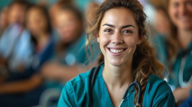 Photo a happy nurse among a group of nurse smiling a fresher new in this sector concept generative ai