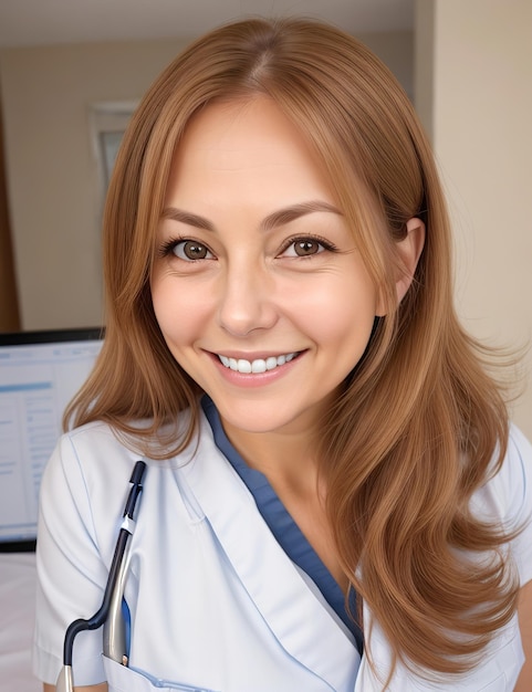 happy nurse smiling with long hair in hospital