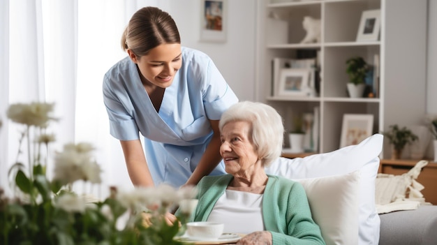 Happy nurse taking care of senior people at home