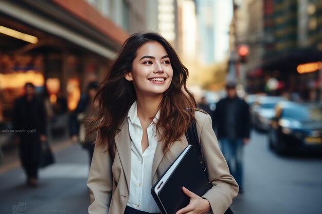 happy office professional business woman holding mobile phone in hand walking on urban street