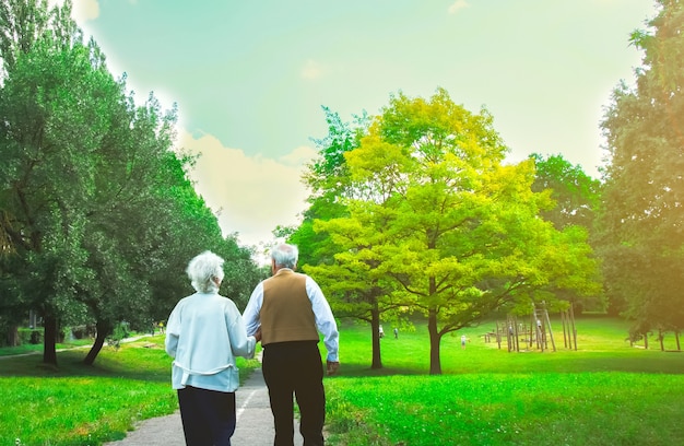 Happy old age senior couple love story. Peole is walking in the green park. Grandmother and grandfather holding hands. Elderly people lifestyle.