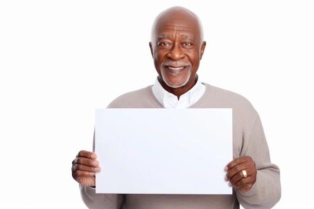 Happy old black man holding blank white banner sign isolated studio portrait