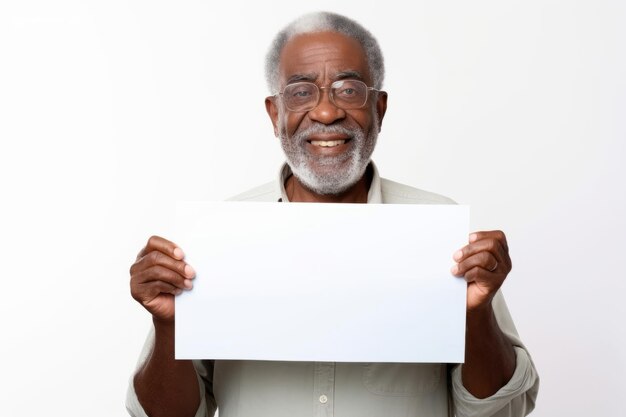 Happy old black man holding blank white banner sign isolated studio portrait