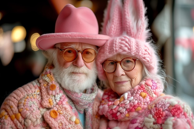 Happy old couple in bunny ears on festive background Easter concept