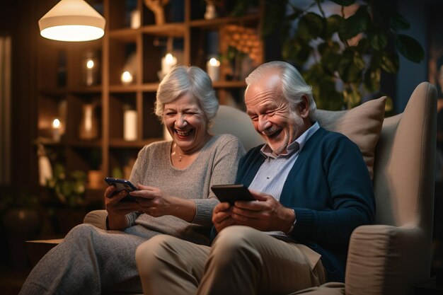 Happy old couple sitting in room