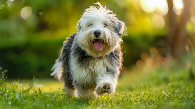 Happy Old English Sheepdog Running Playfully on Sunny Green Grass in Park