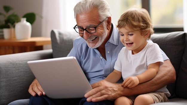 Happy old grandfather and little cute grandson laughing enjoying using laptop together