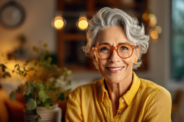 Happy old lady in glasses posing at home indoor positive single senior retired female sitting on sofa in living room Generative Ai