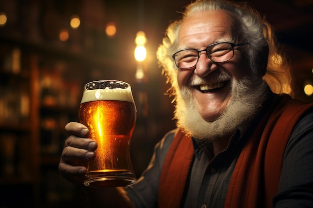 happy old man holding a beer on the bar counter bokeh style background