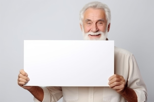 Happy old man holding blank white banner sign isolated studio portrait