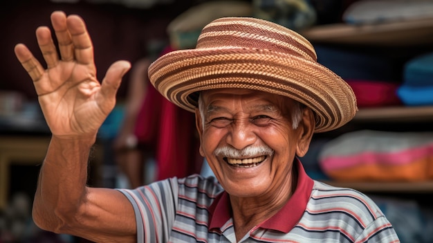 A Happy Old Man Wearing a Large Straw Hat