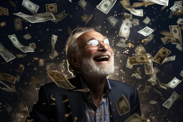 a happy old man with money flying in the air