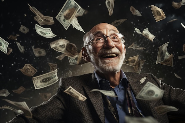 a happy old man with money flying in the air