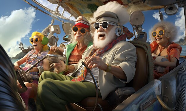 Happy old people having fun in the helicopter 3D rendering