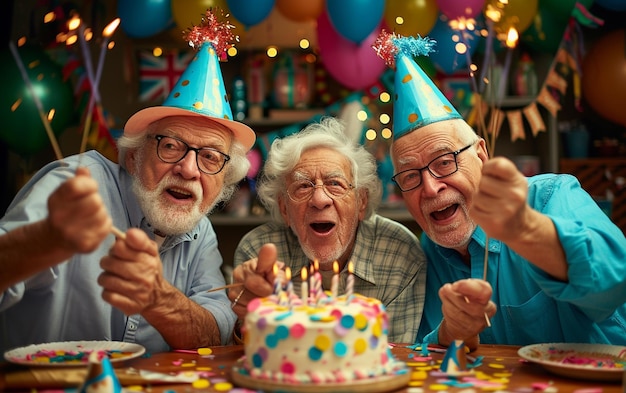 幸せな年老いた人々 誕生日を共に祝う幸せな人々