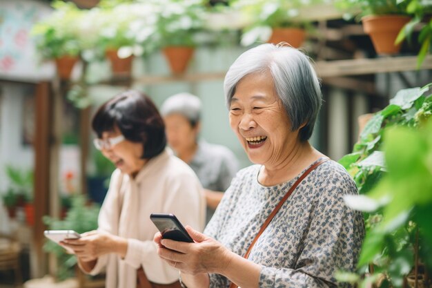 사진 은퇴 후 스마트폰을 사용하는 행복한 노부인