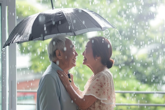 비가 많이 내리는 동안 우산 에 있는 행복한 아시아인 부부