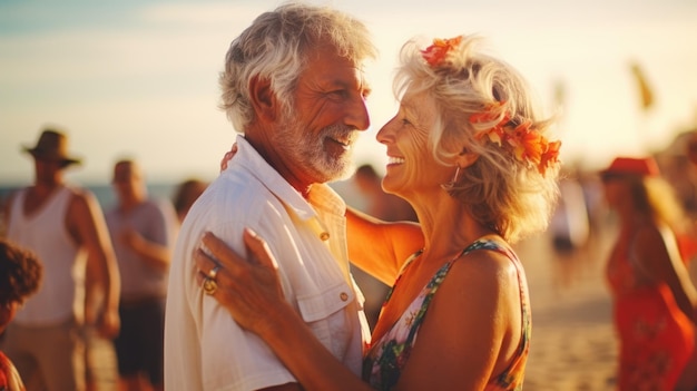 Happy an older couple dancing on the beach at sunset Health care Family outdoor lifestyle A romantic evening on vacation Anniversary date of an age couple in love AI generated image