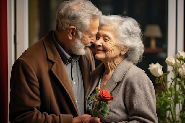 happy older couple with gray hair giving a rose to his wife celebrating Valentine39s Day