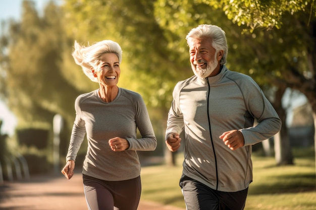 Happy older people running in the park