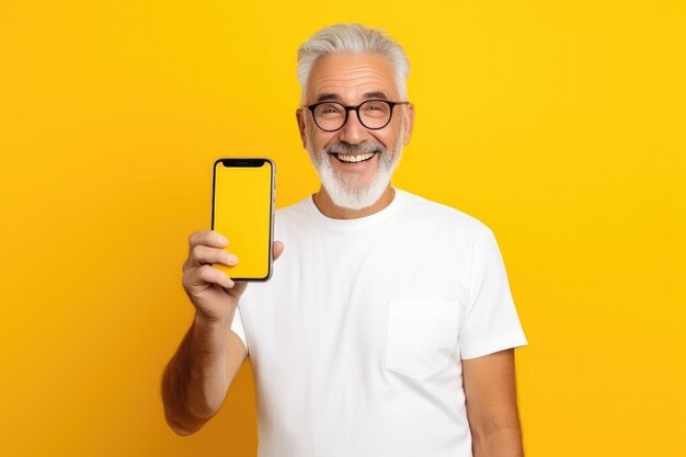 Happy older senior business man wearing shirt holding smartphone pointing at white mock up screen