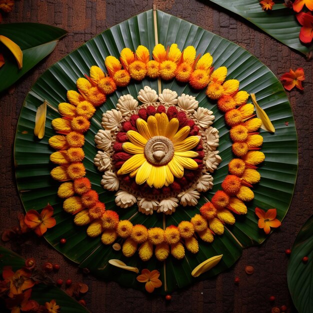 Foto happy onam holiday for south india festival per biglietto di auguri banner poster titolo emblema etichetta etichetta antica festa indù del kerala malayalis harvest sadya thiruvathira kali generative ai