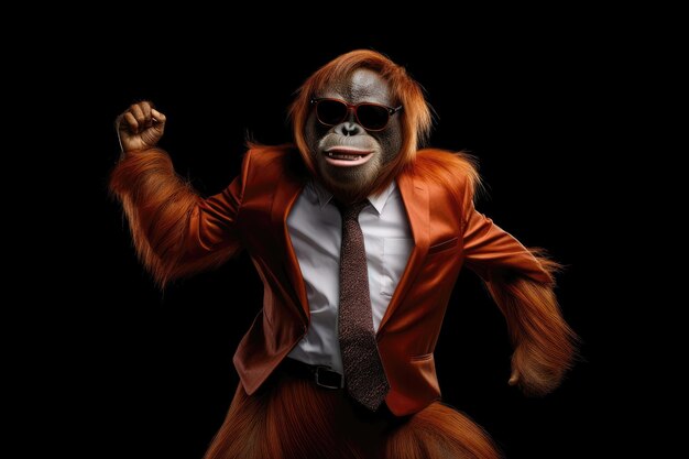 Happy Orangutan In Suit And Sunglasses On Black Background Generative AI