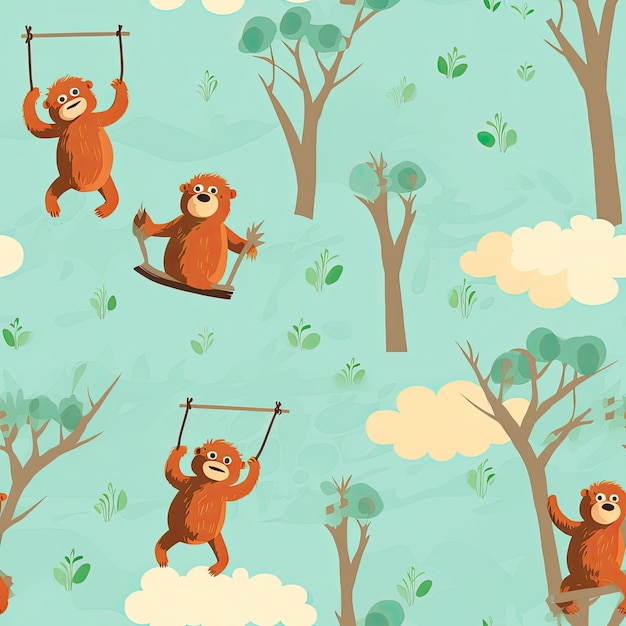 Happy orangutan swinging from tree to tree