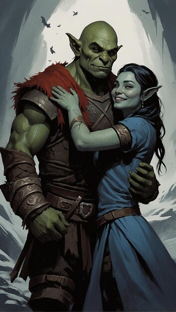 Photo a happy orc couple of lovers holding a poster valinor will fall