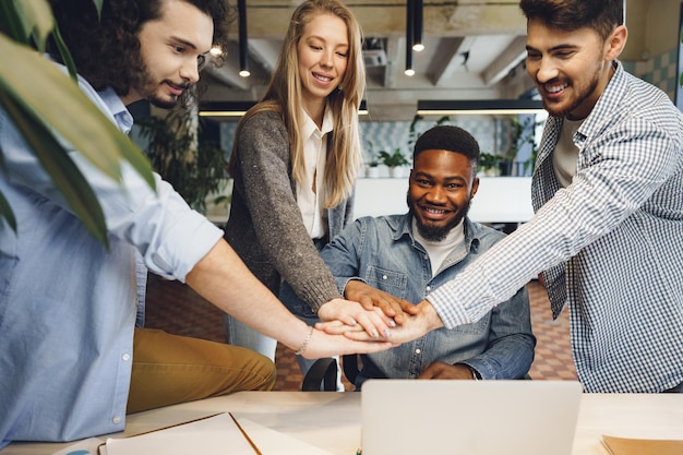 Happy overjoyed business team celebrate corporate victory