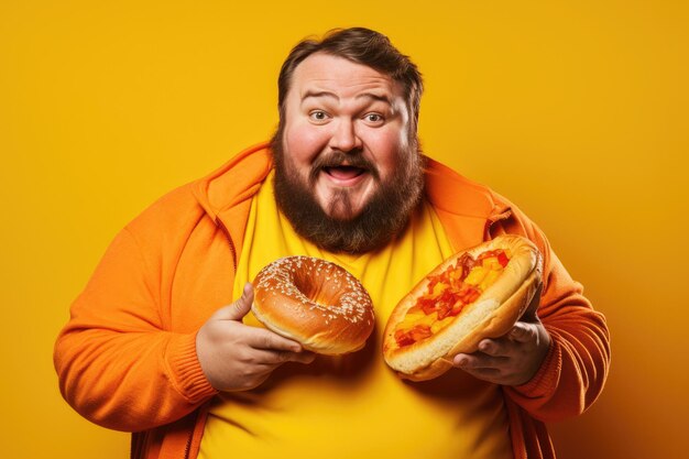 Happy overweight man holding unhealthy junk food burger pizza donut ready for eating fat man concept