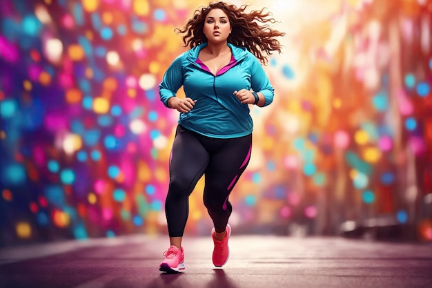 Счастливая женщина с избыточным весом бегает красочным фоном Концепция фитнеса