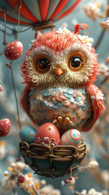 Photo happy owl delivering easter eggs in a hot background