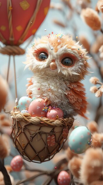 Photo happy owl delivering easter eggs in a hot wallpaper