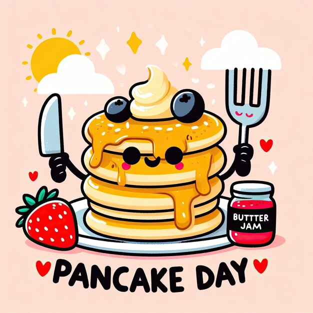 Photo happy pancake day pancake day background national pancake day cartoon vector illustration design template for poster banner flyer card post cover pancakes stack with berries or honey