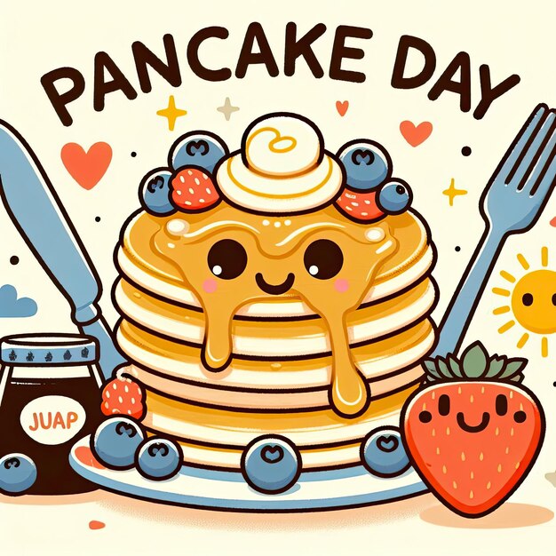 Photo happy pancake day pancake day background national pancake day cartoon vector illustration design template for poster banner flyer card post cover pancakes stack with berries or honey