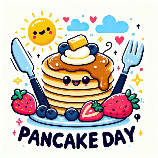 Photo happy pancake day pancake day background national pancake day cartoon vector illustration design template for poster banner flyer card post cover pancakes stack with berries or honey