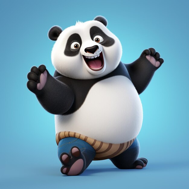 A a happy panda arms up flat background comic style jumping