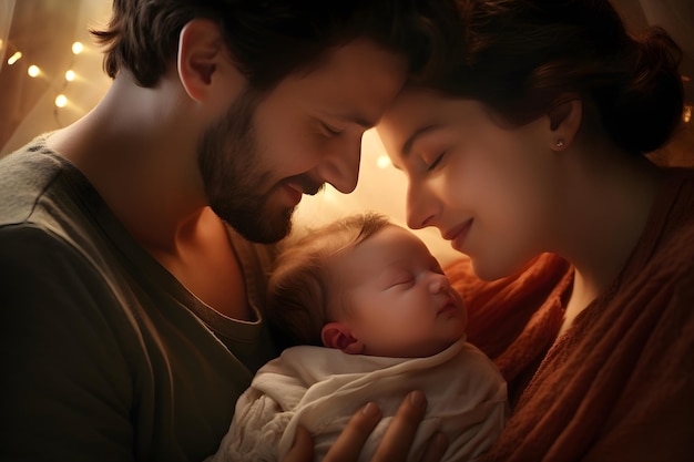 Happy parent couple embracing looking newborn baby over soft sunlight background for family concept
