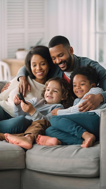 Happy parent couple with two kids watching tv sitting on couch in living room and using remote con