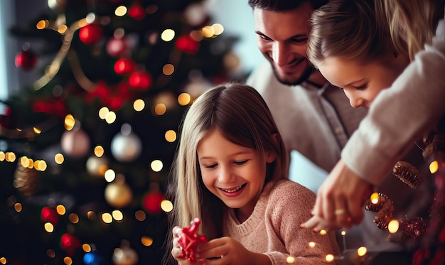 Happy parent helping their daughter decorate the house christmas tree smiling young girl enjoying