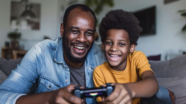 Happy Parent and Son Sharing Fun While Playing Video Games